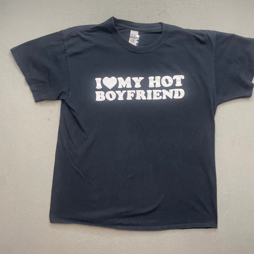 Gildan Women T-Shirt Heavy Cotton Large I Love My Hot Boyfriend Ironic Y2K Black
